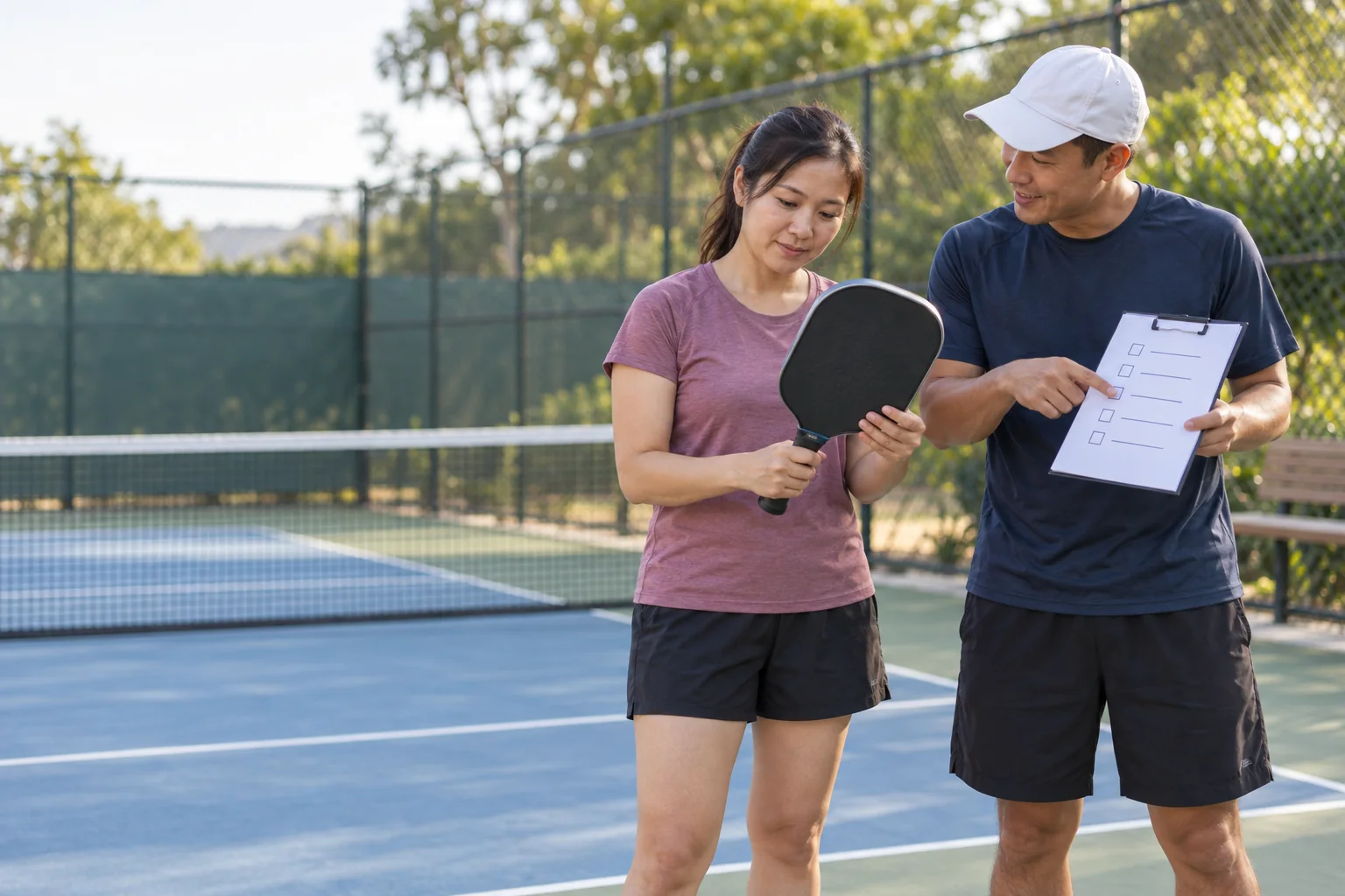 Người mới so sánh trọng lượng và cán cầm của vợt pickleball trên sân ngoài trời