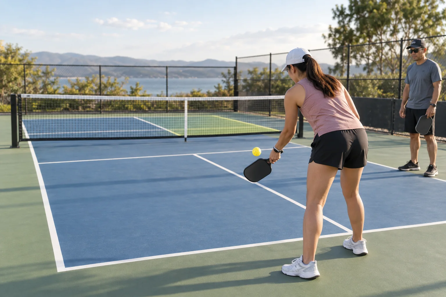 Người mới thực hiện cú giao bóng pickleball dưới tay từ sau vạch cuối sân