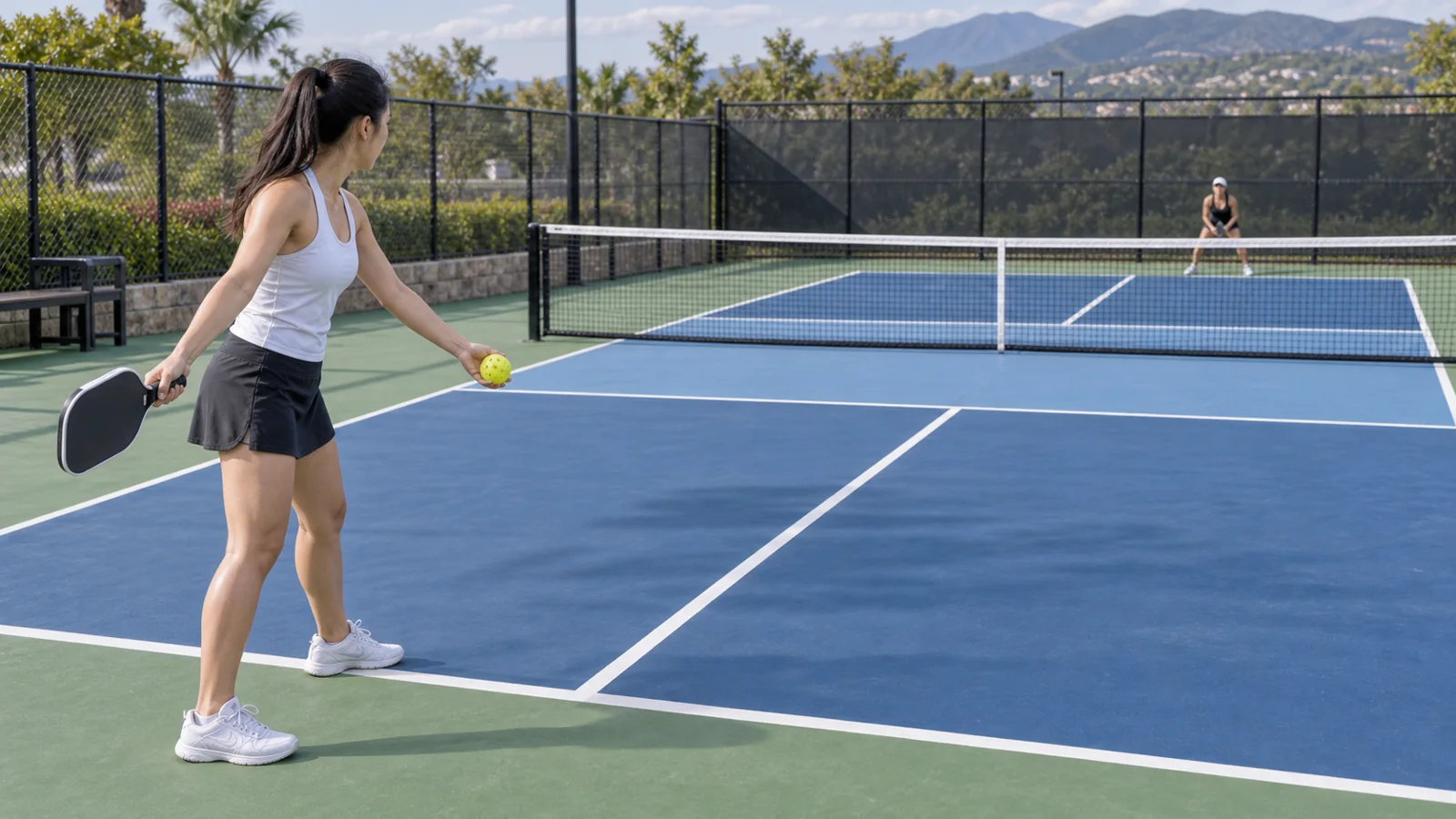 Người chơi pickleball chuẩn bị giao bóng từ sau vạch cuối sân