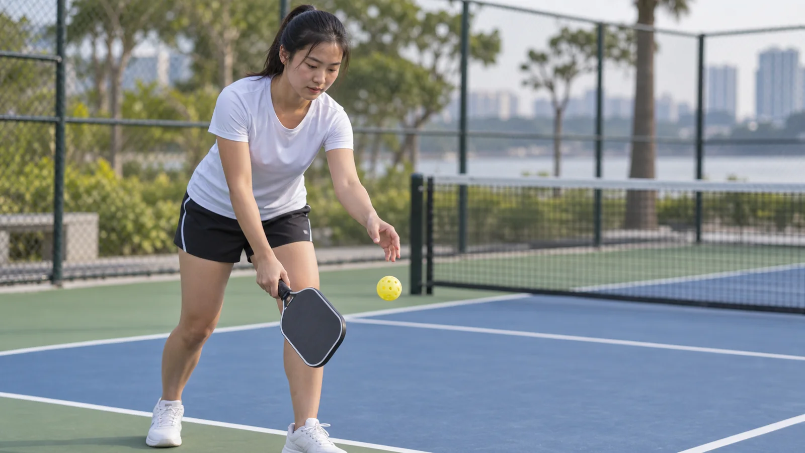 Người chơi thực hiện drop serve pickleball dưới tay sau khi thả bóng