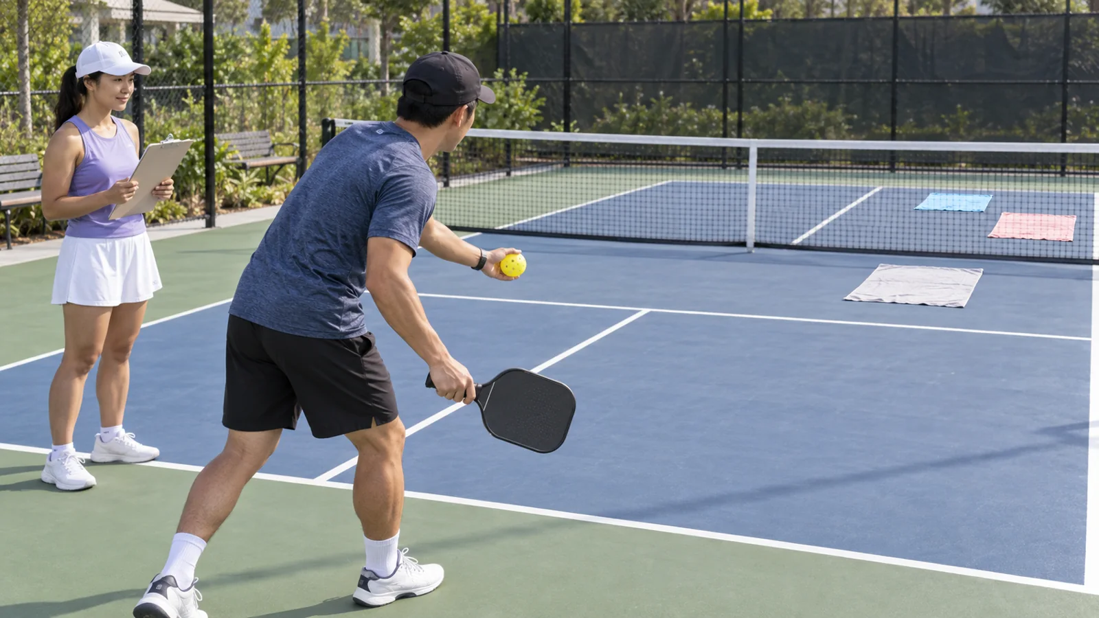 Hai người chơi tập giao bóng pickleball với mục tiêu đánh dấu trên sân