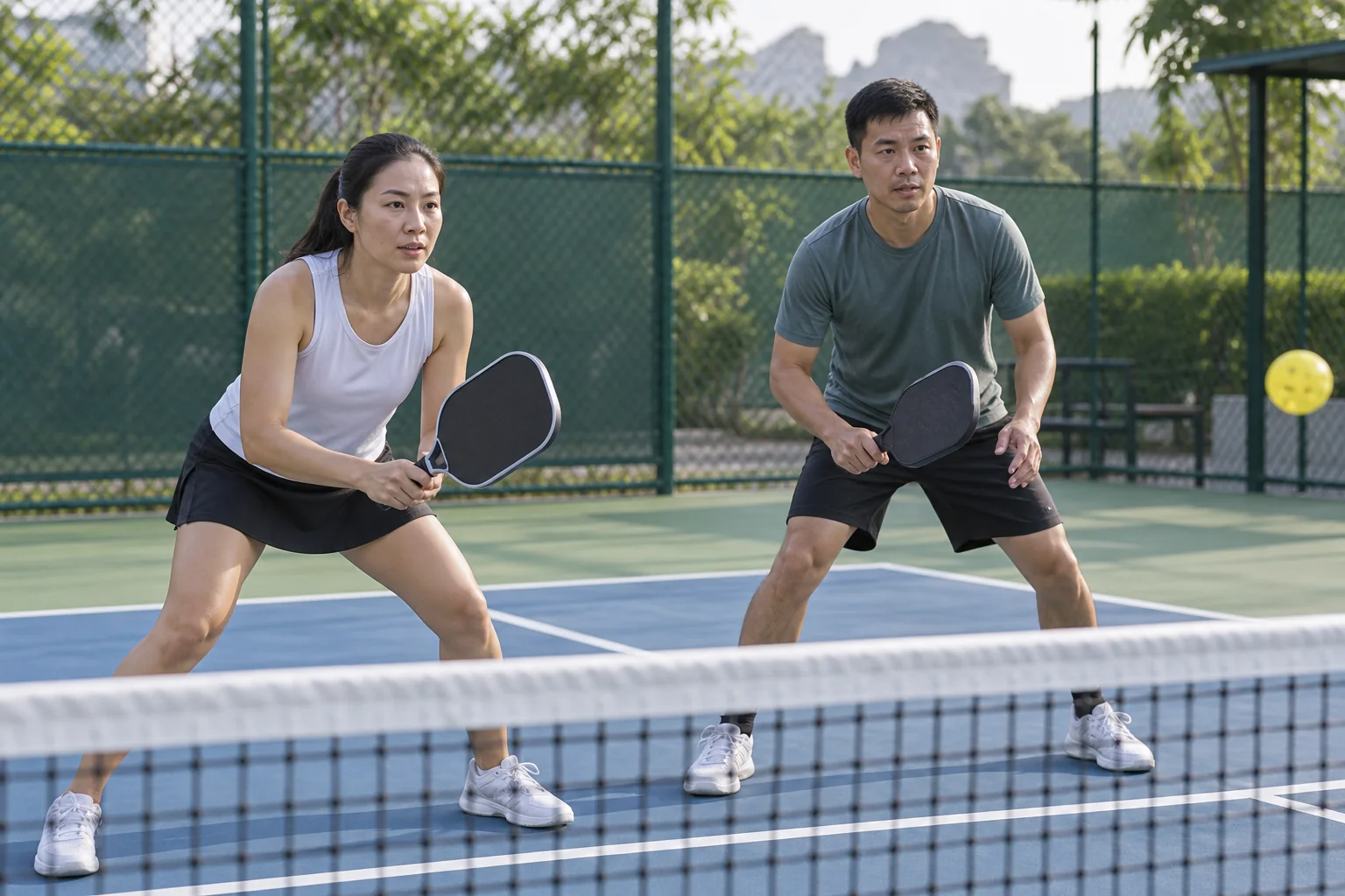 Hai người chơi pickleball giữ tư thế sẵn sàng tại khu vực bếp