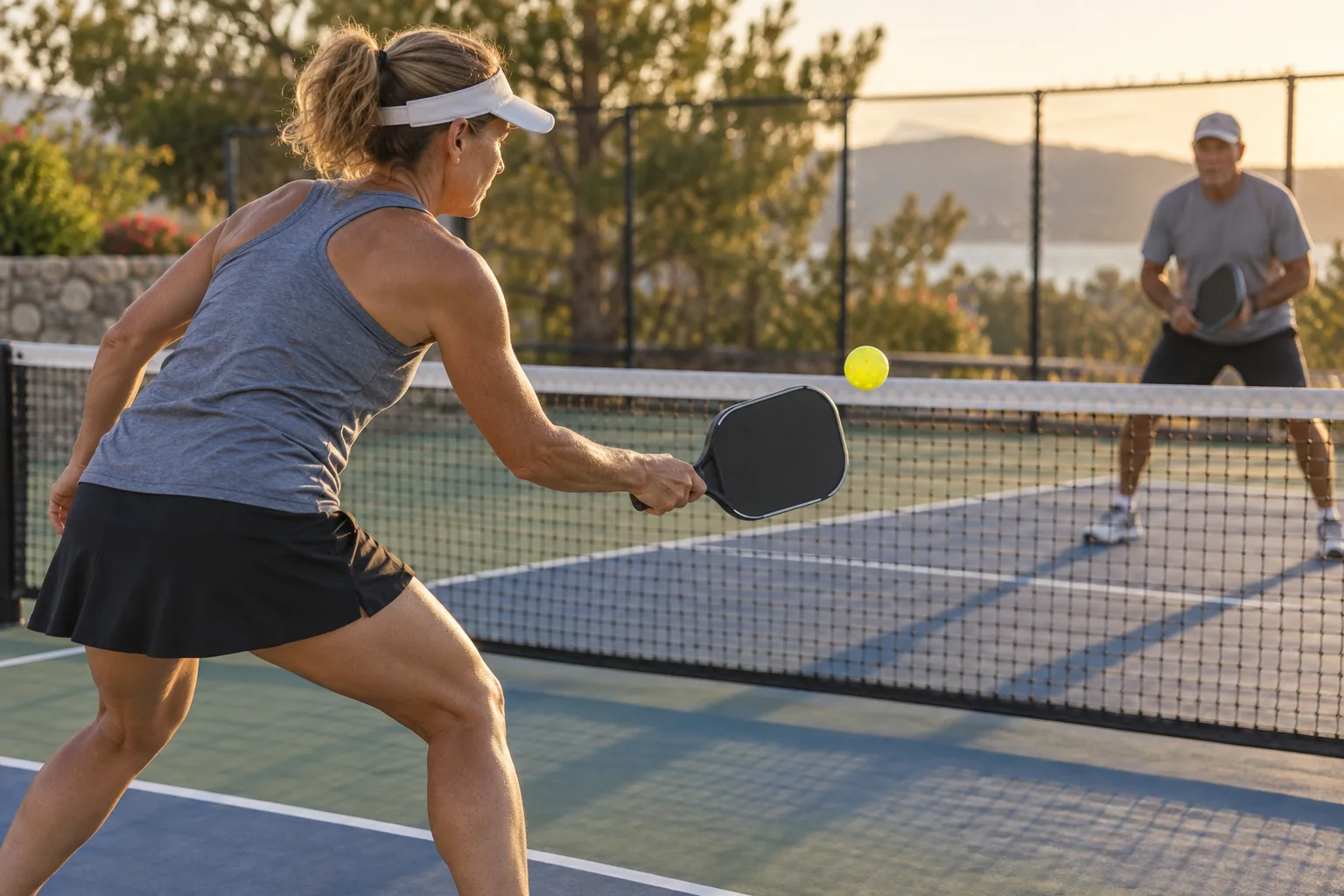 Người chơi pickleball thực hiện cú dink mềm với vợt ở trước thân