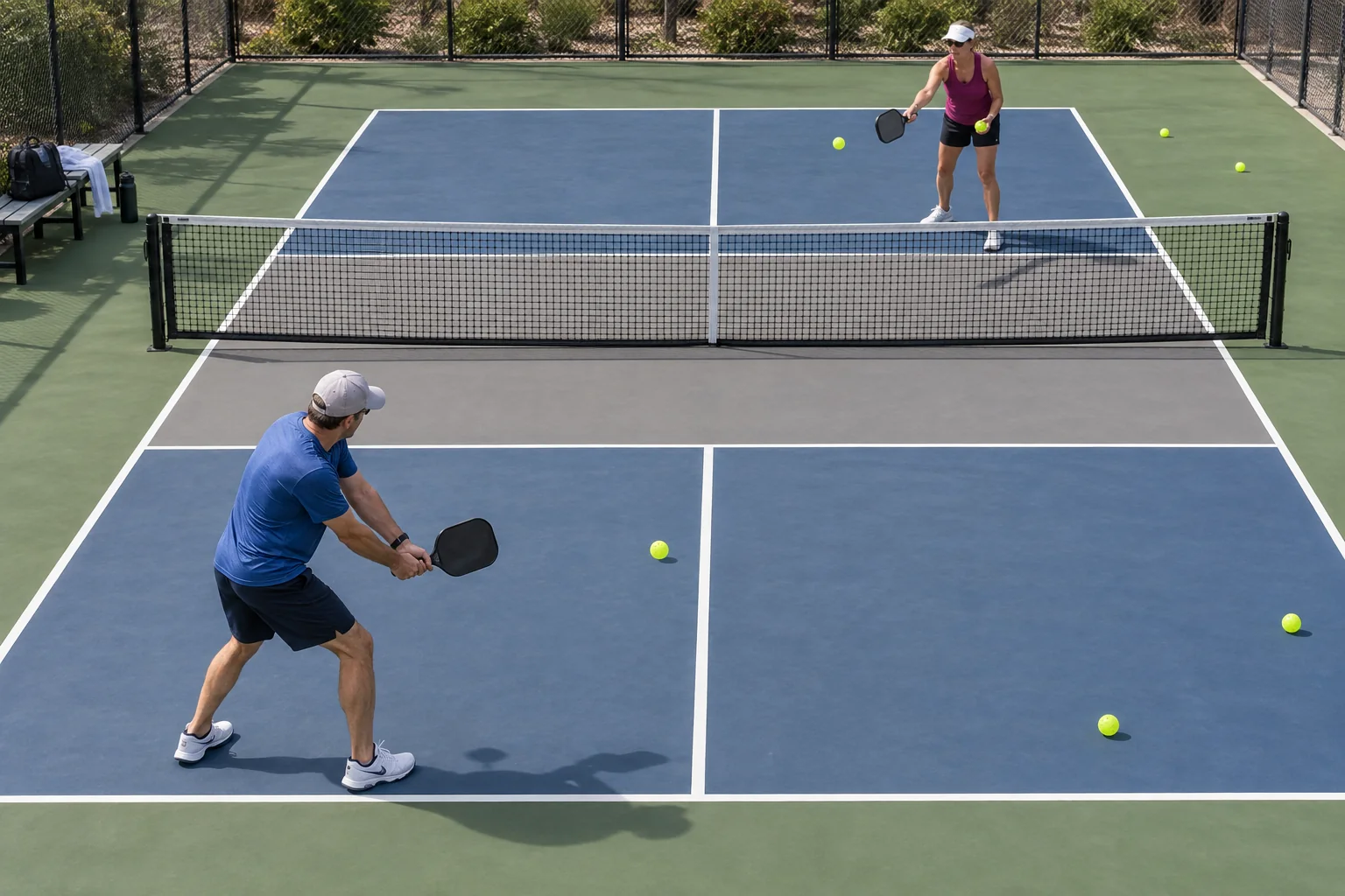 Hai người chơi pickleball tập trái tay với một người đưa bóng nhẹ