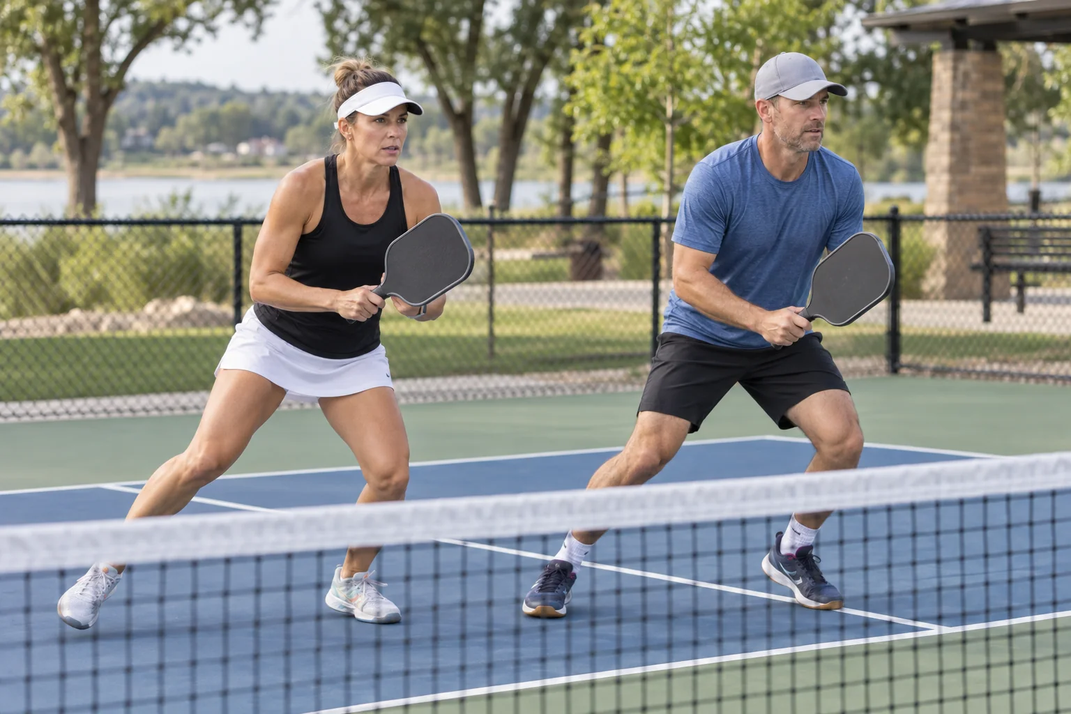 Two doubles partners practicing a lateral kitchen-line volley drill