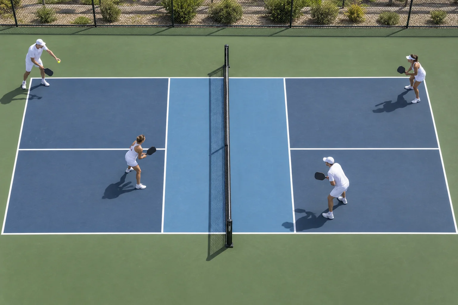 Posiciones iniciales de cuatro jugadores de pickleball en dobles