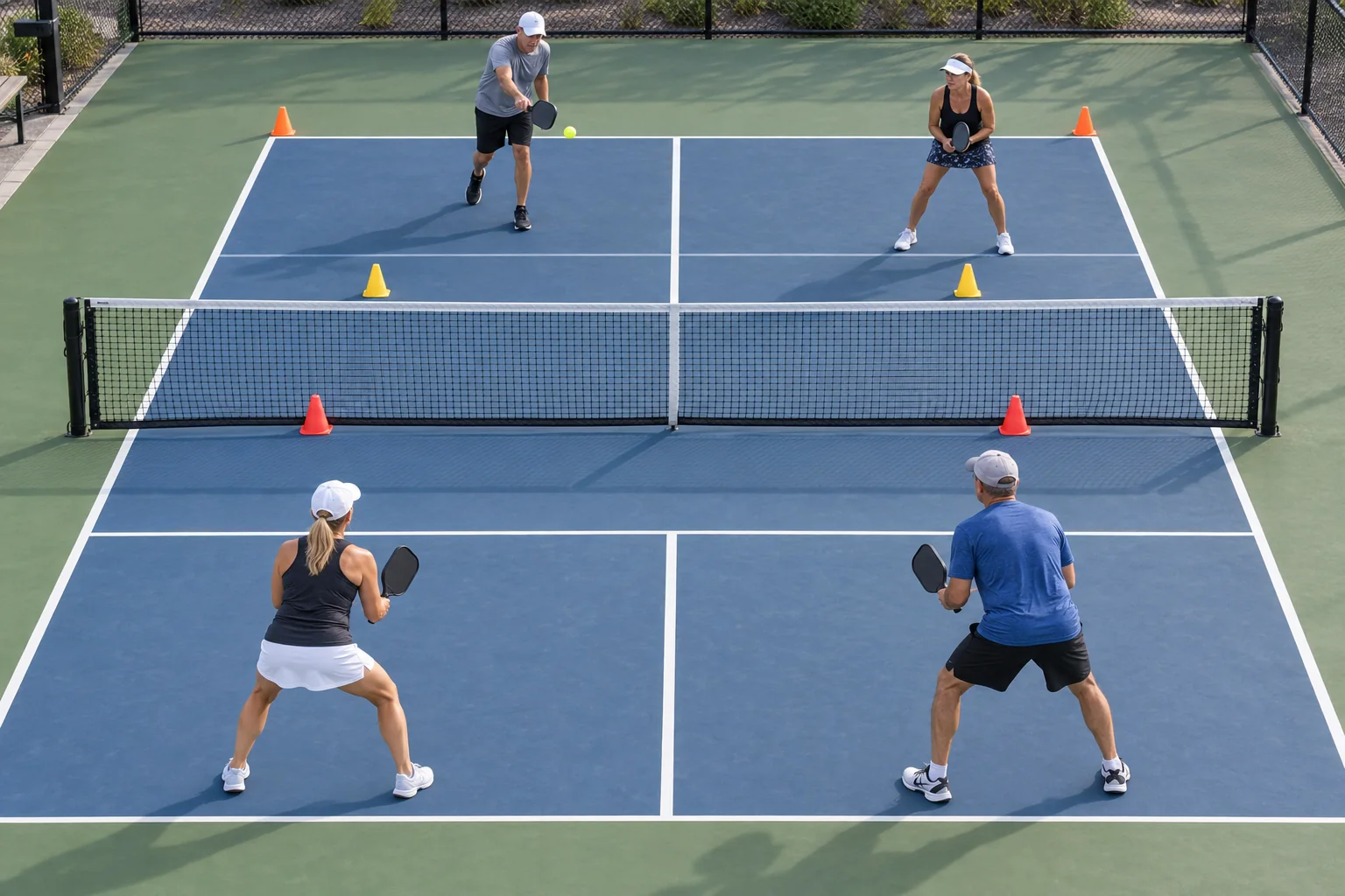 Bốn người chơi pickleball luyện đọc bóng trả bằng các vùng mục tiêu trên sân