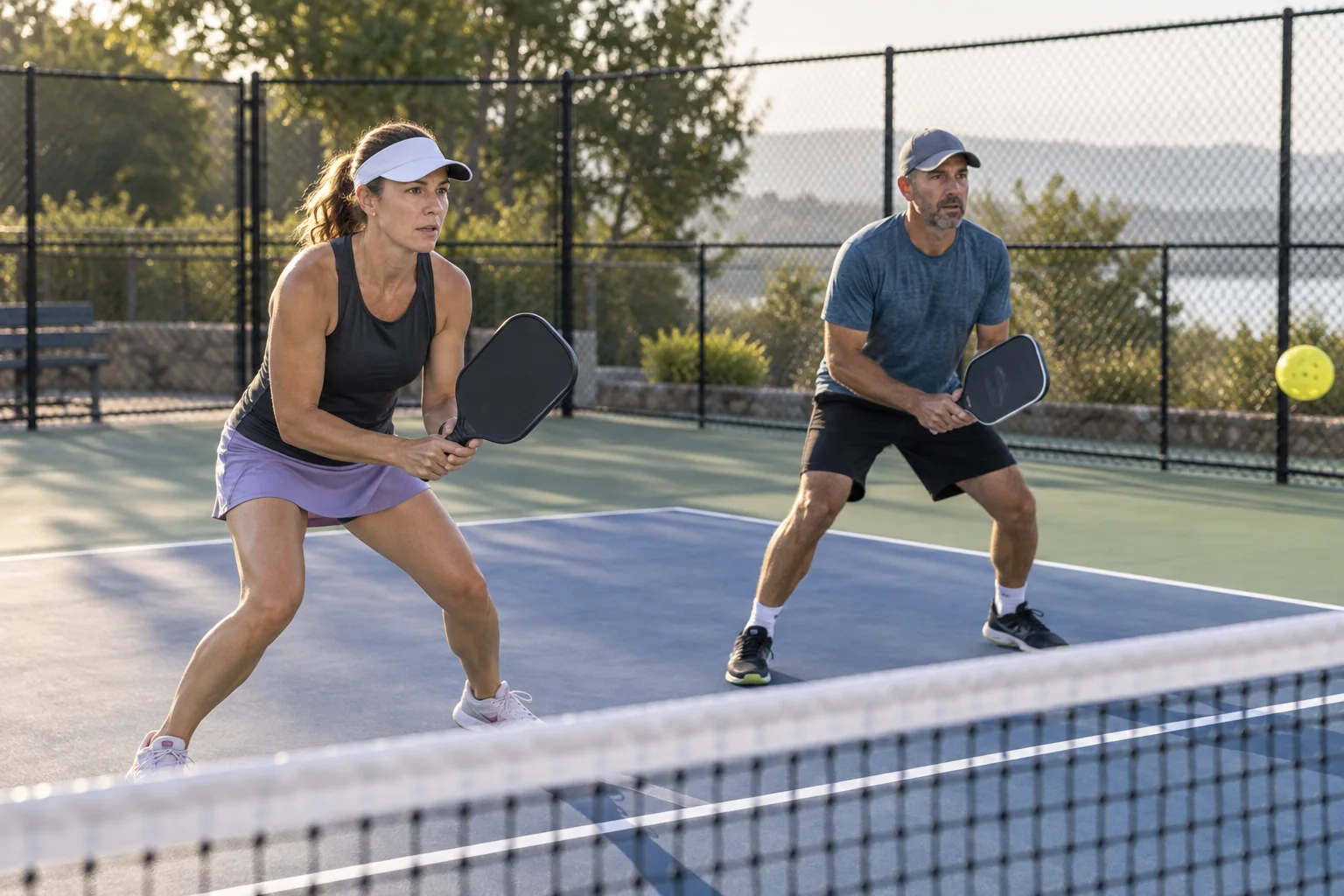 Jugador de pickleball practicando el split step junto a la zona de no volea