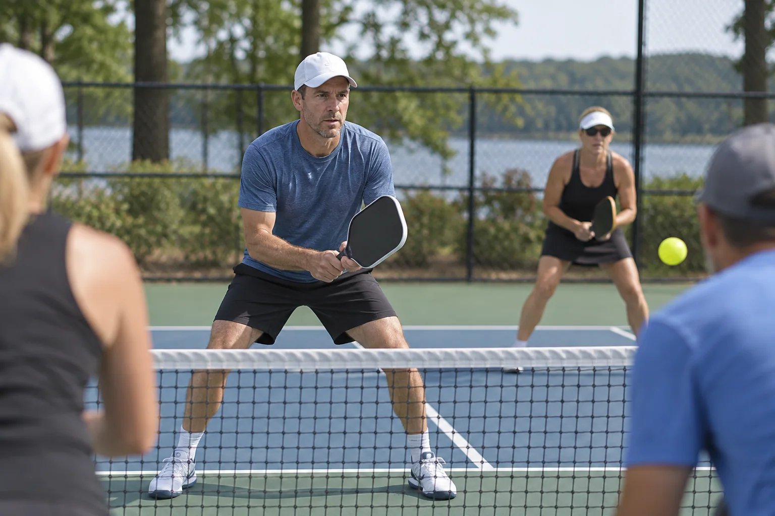 Jugador de pickleball frenando en equilibrio en la zona de transición