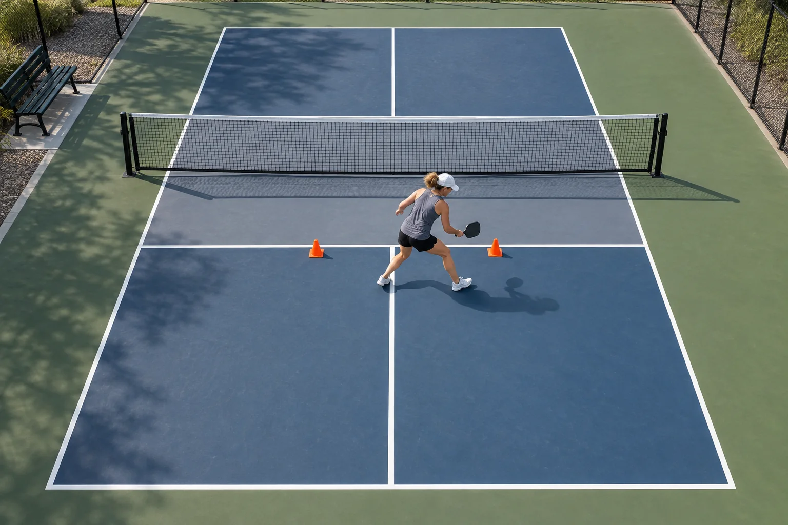 Pickleball player practicing a lateral figure-eight shuffle around two cones