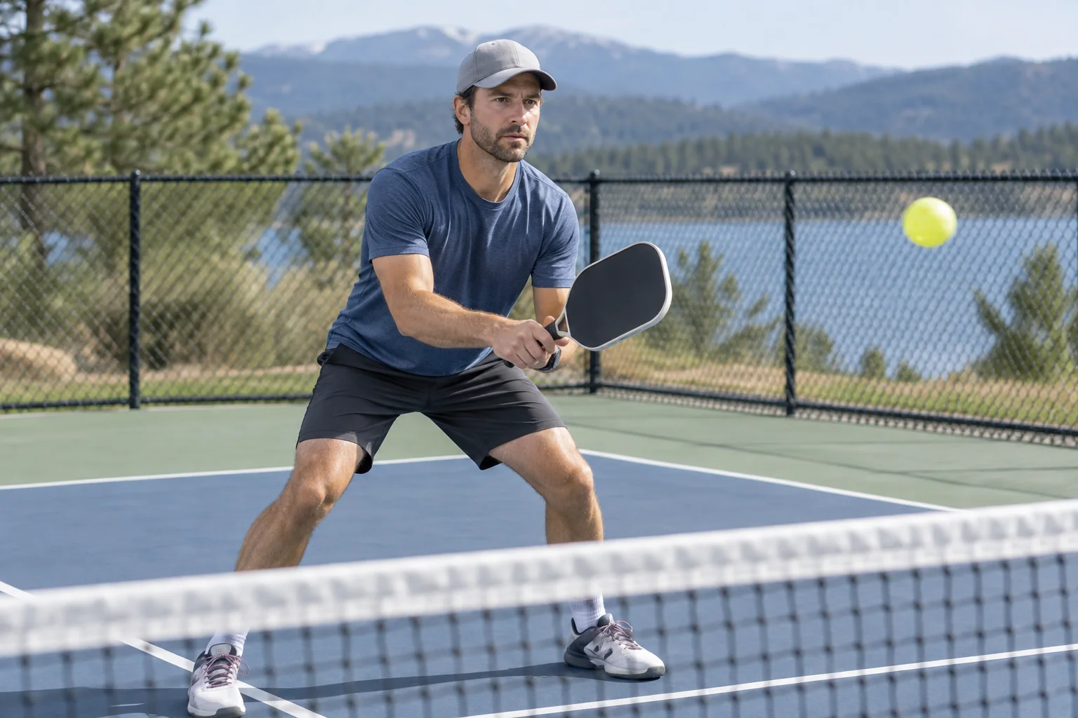 Pickleball player stopping in balance in the transition zone before a simulated volley