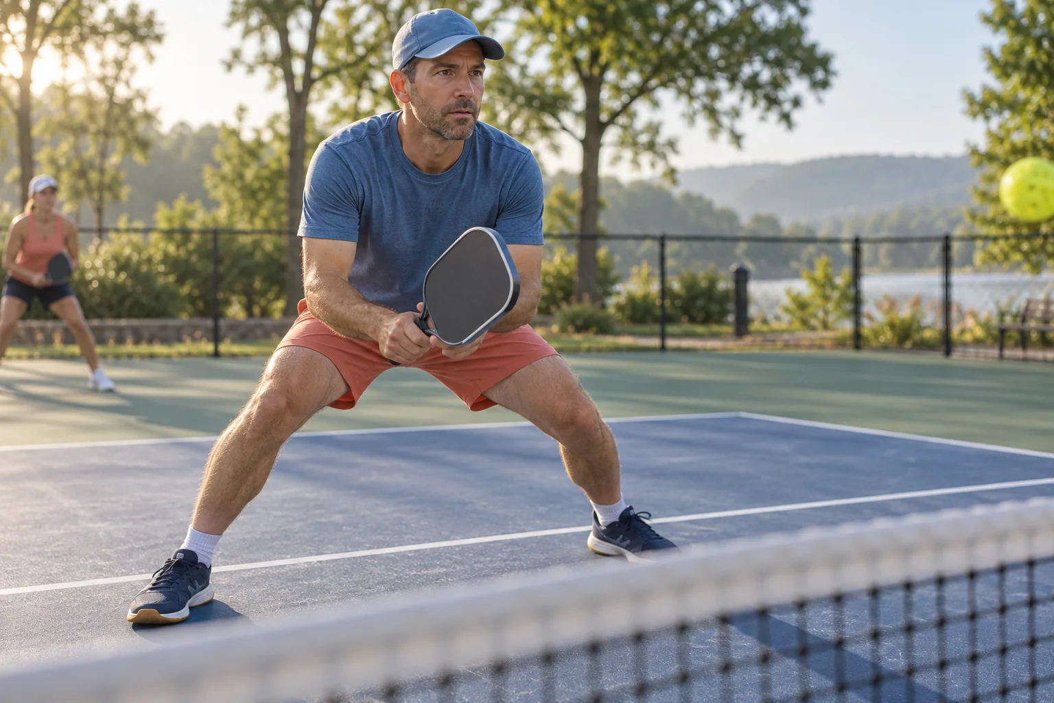 Joueur de pickleball réalisant un split step près de la zone de non-volée