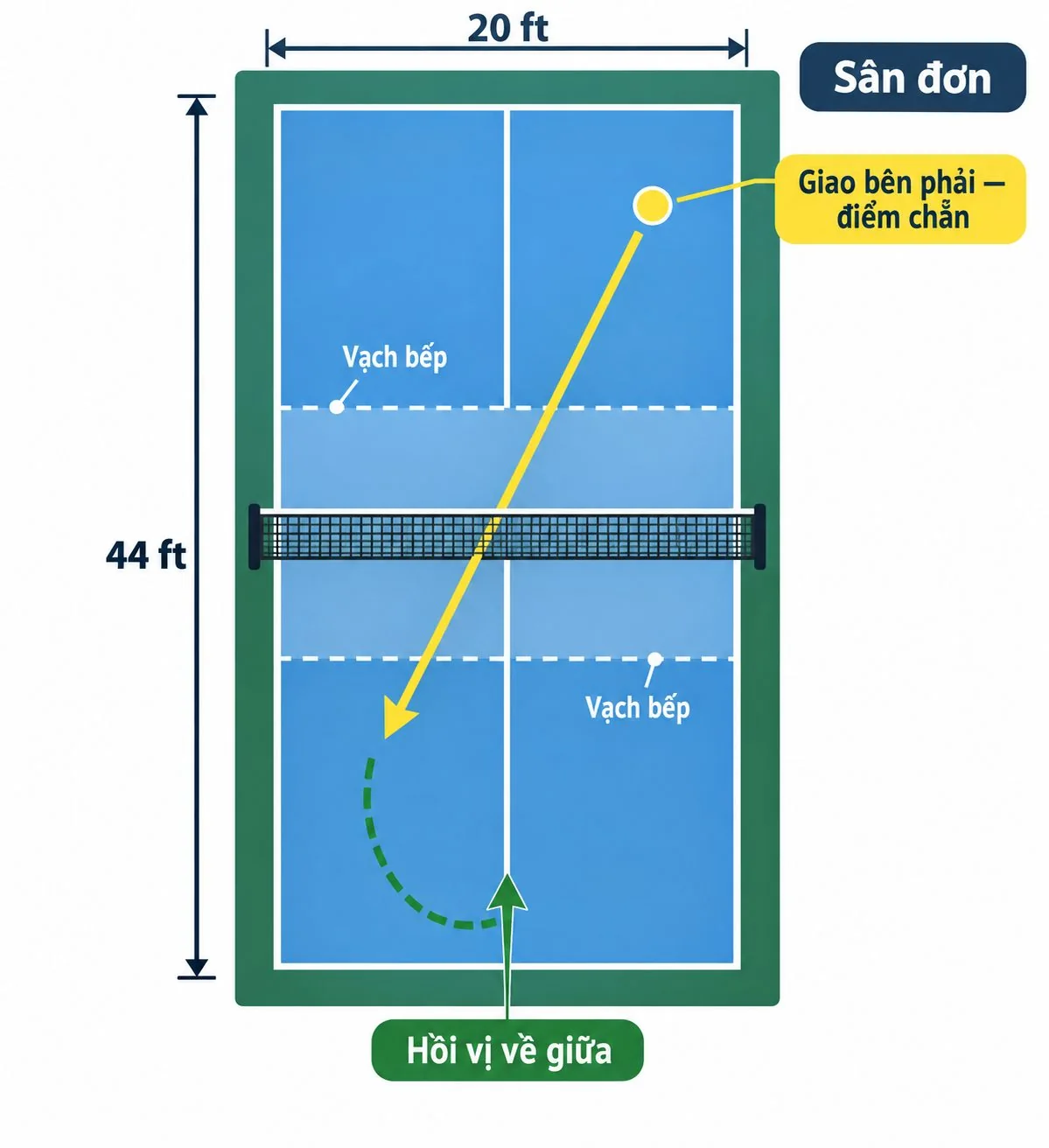 Sơ đồ sân pickleball đơn với vị trí giao và đường hồi về giữa sân