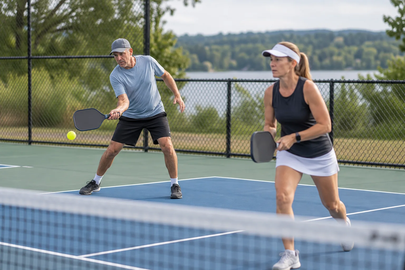 Two doubles pickleball players preparing a third shot near the baseline