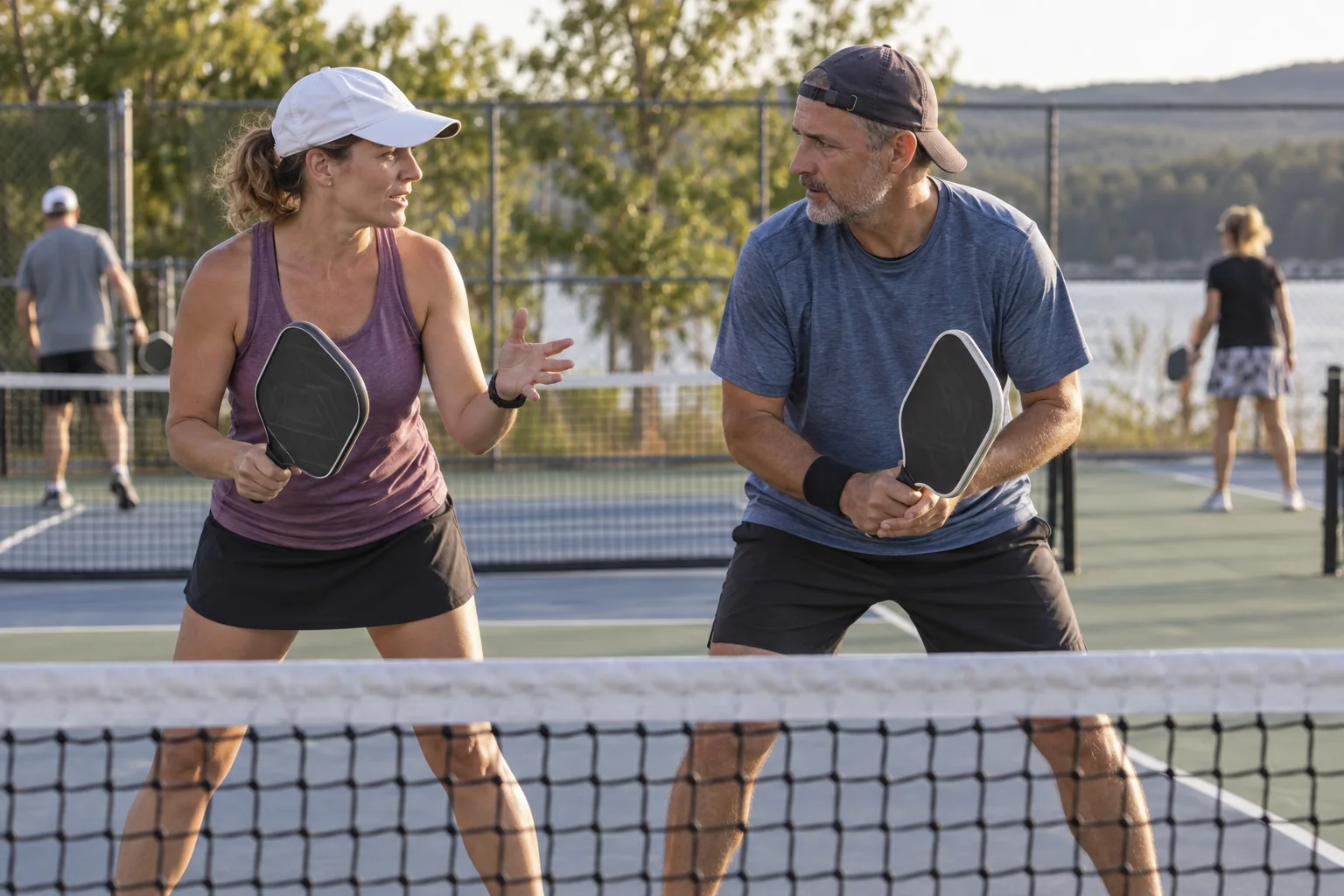 Deux joueurs de pickleball communiquent près de la ligne de non-volée avant un échange