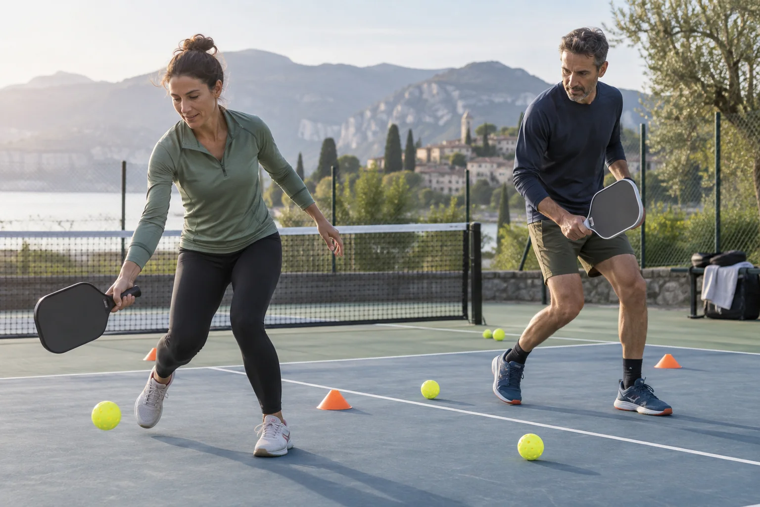 Deux joueurs commencent leur échauffement sur un court de pickleball