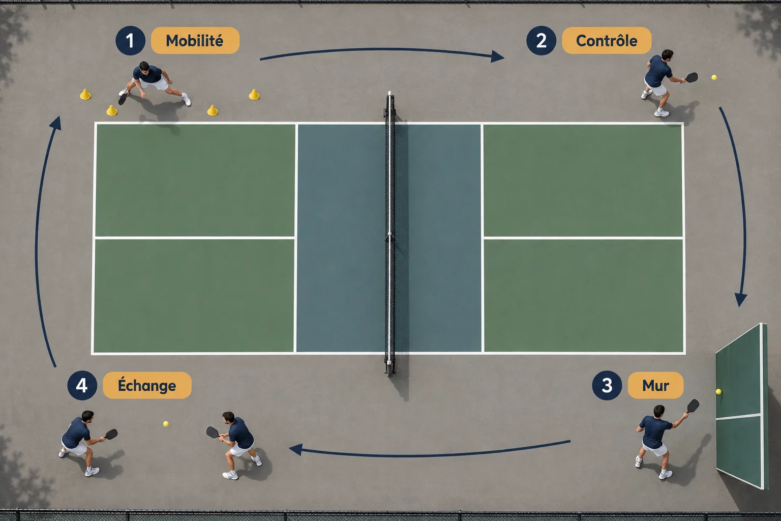 Schema des quatre etapes d’une routine d’echauffement au pickleball