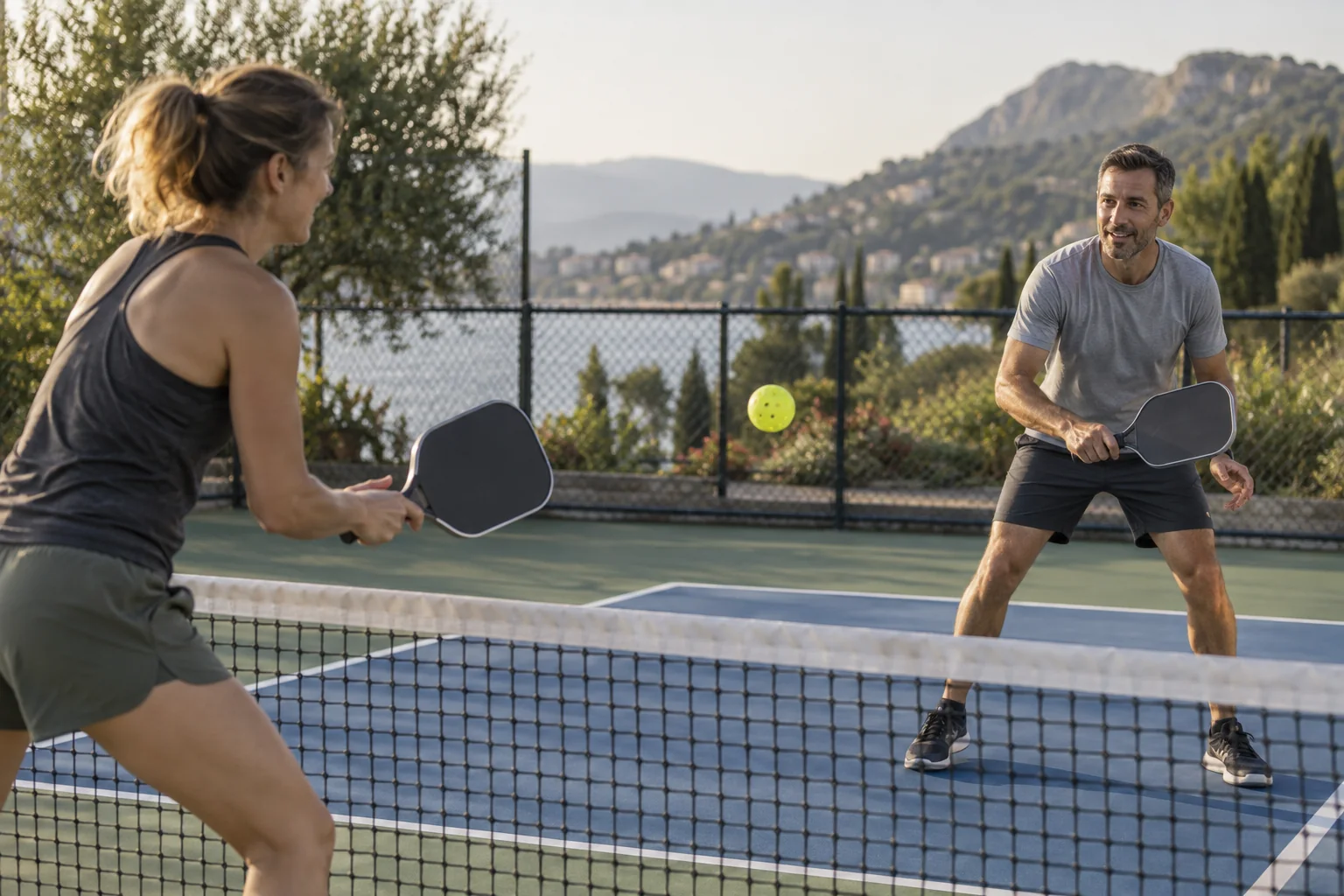 Deux joueurs echangent doucement pendant leur echauffement au pickleball