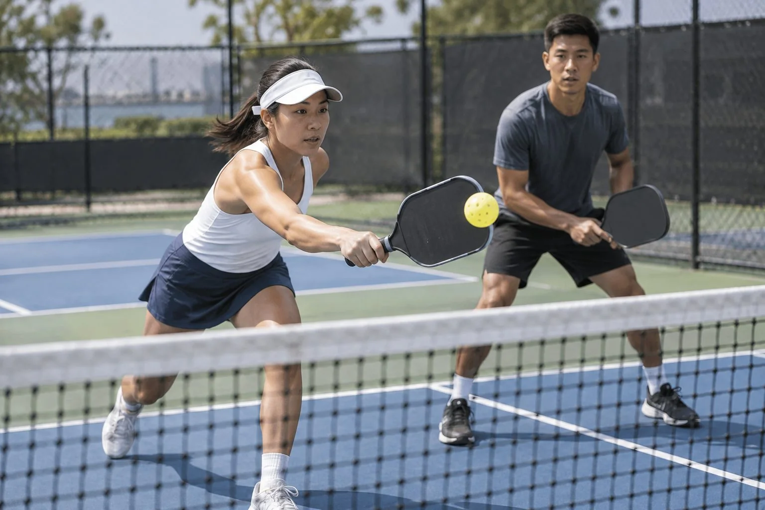Hai người chơi pickleball phối hợp che giữa sân gần vạch bếp