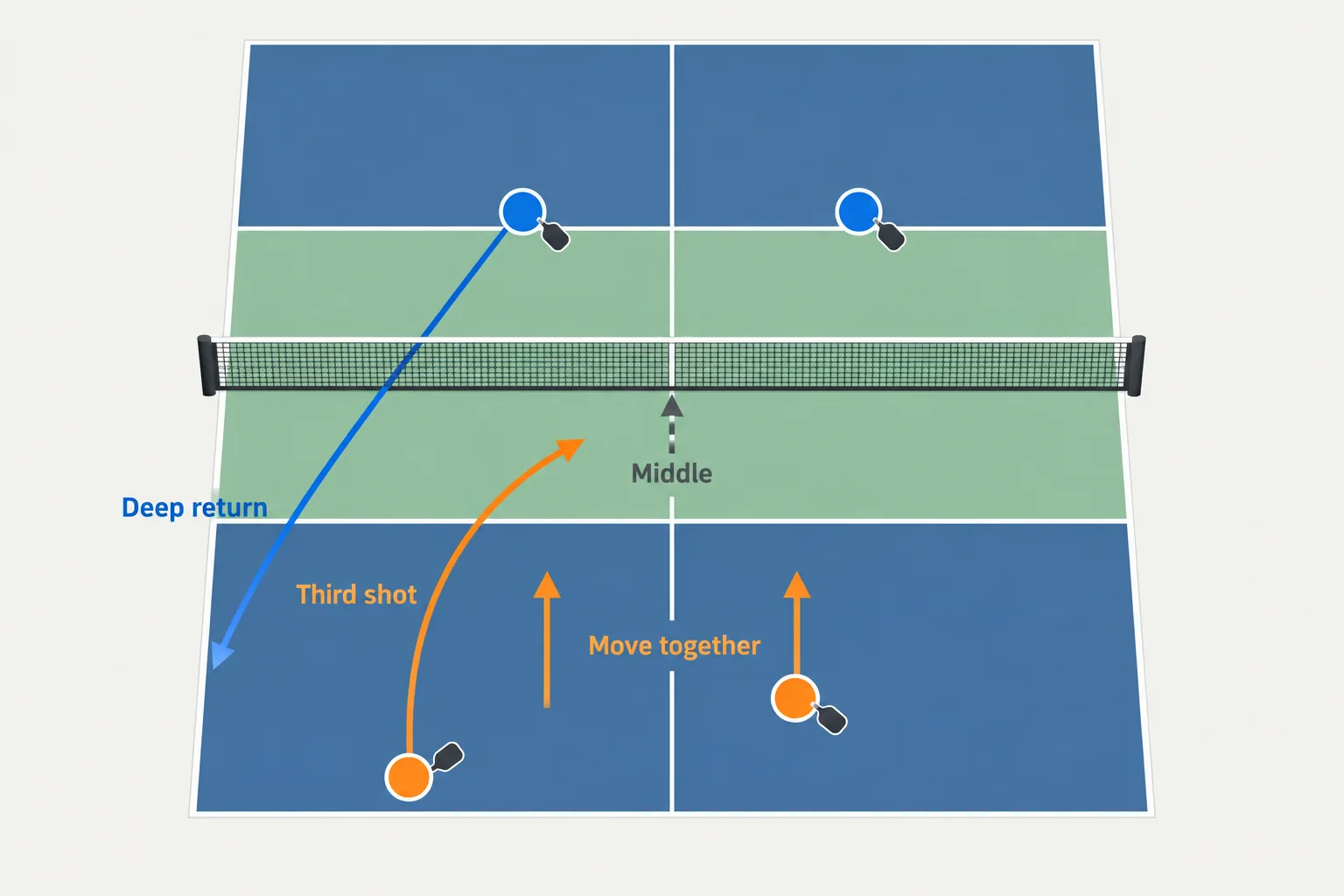 Overhead diagram showing deep return, third-shot transition, and coordinated movement