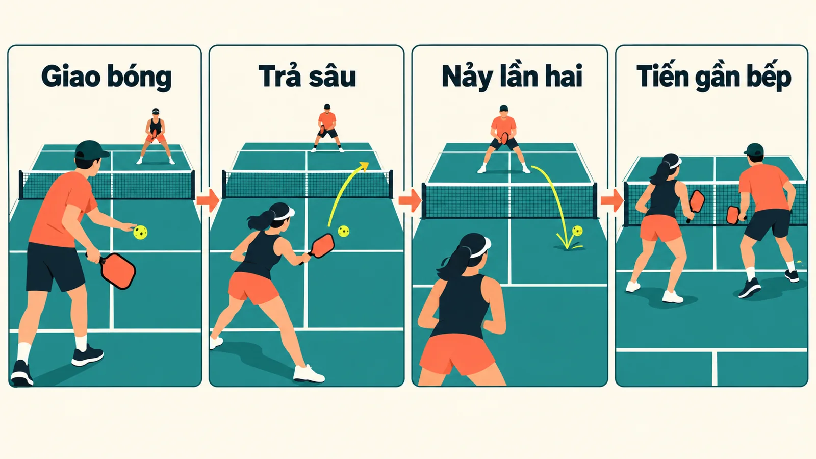 Infographic bốn bước: giao bóng, trả sâu, chờ bóng nảy và tiến lên vùng bếp
