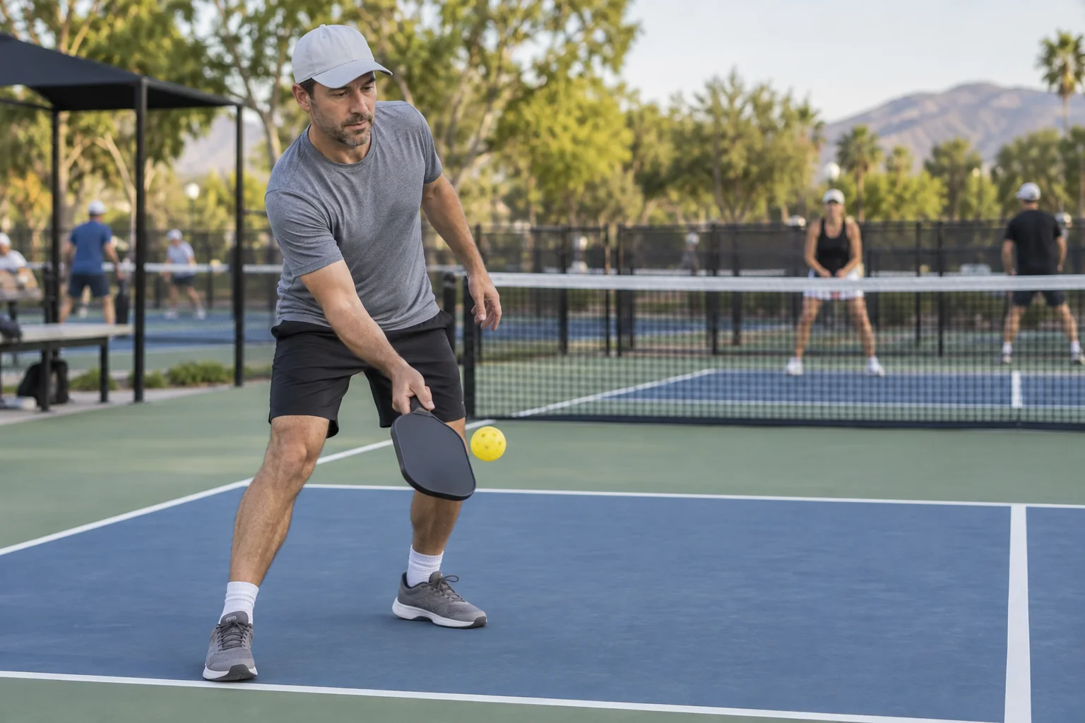 Jugador ejecutando un saque bajo de pickleball detrás de la línea de fondo
