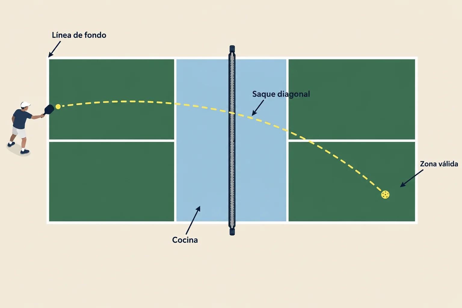 Diagrama del saque diagonal desde detrás de la línea de fondo
