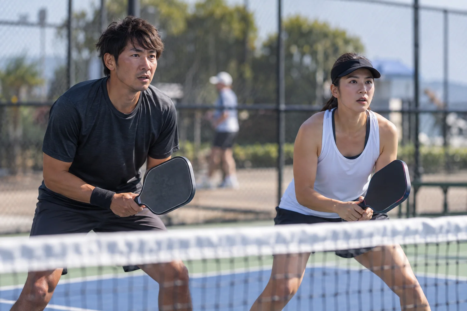 ダブルスで横並びに構える日本人ペア