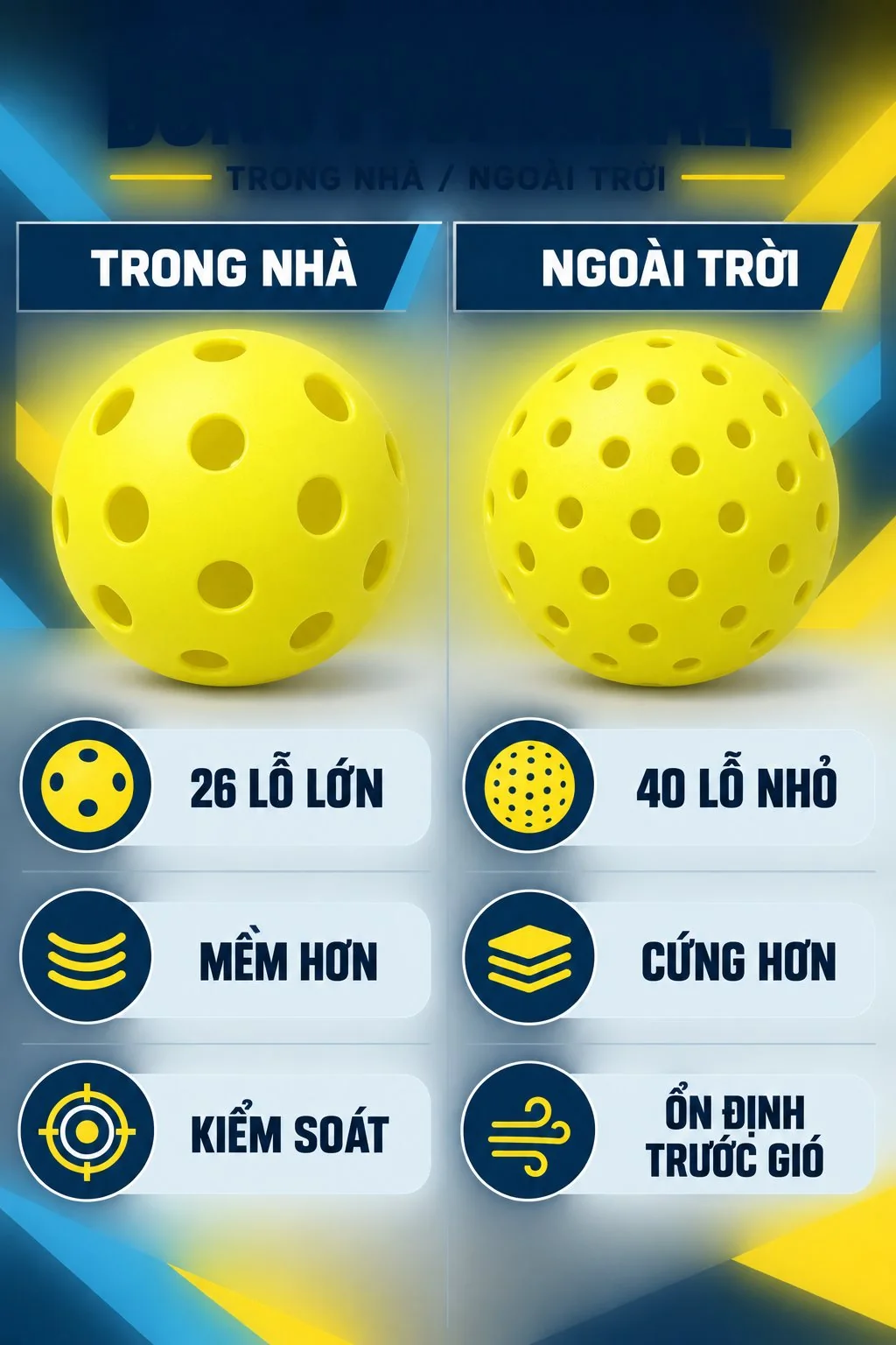 Infographic so sánh bóng pickleball trong nhà và ngoài trời