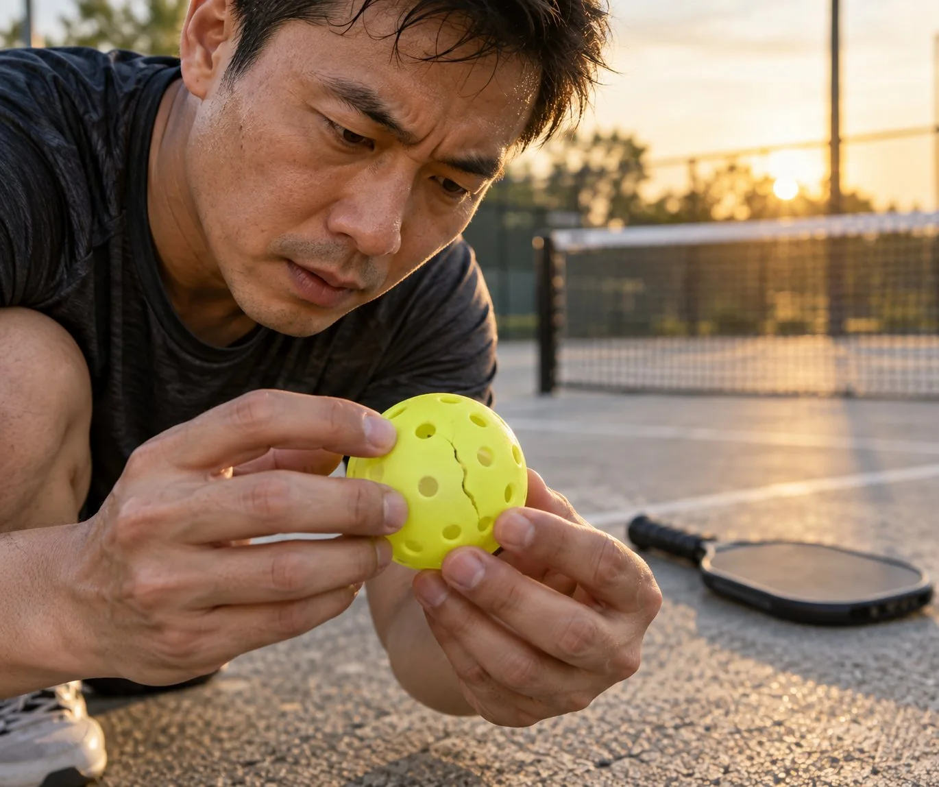 Người chơi kiểm tra vết nứt trên bóng pickleball ngoài trời