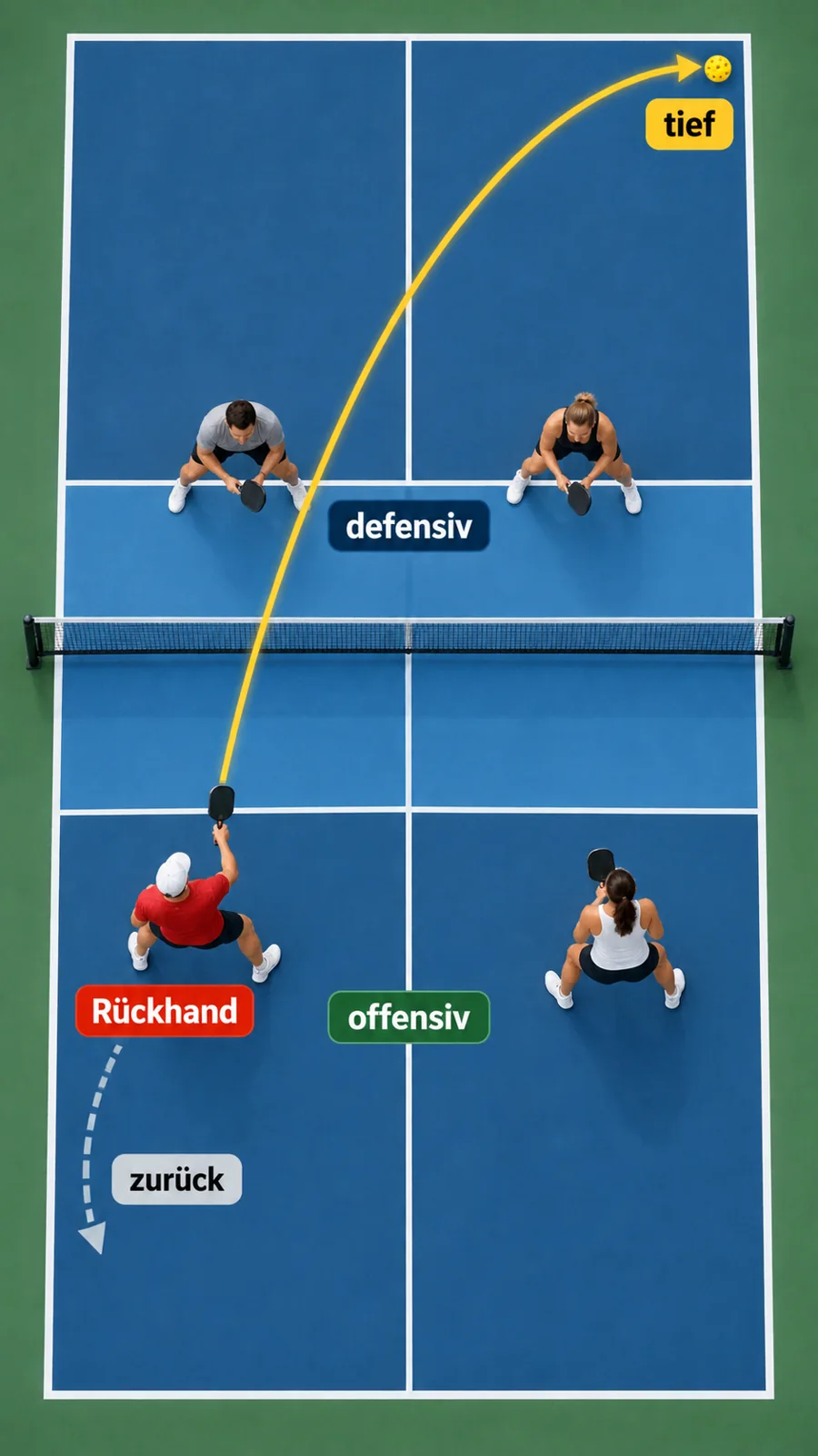 Draufsicht mit offensivem und defensivem Lob im Pickleball-Doppel