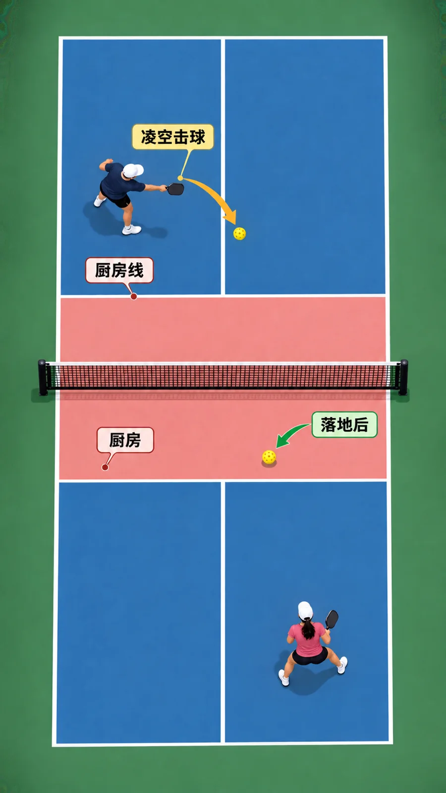 匹克球厨房区、厨房线与合法击球位置的俯视规则图