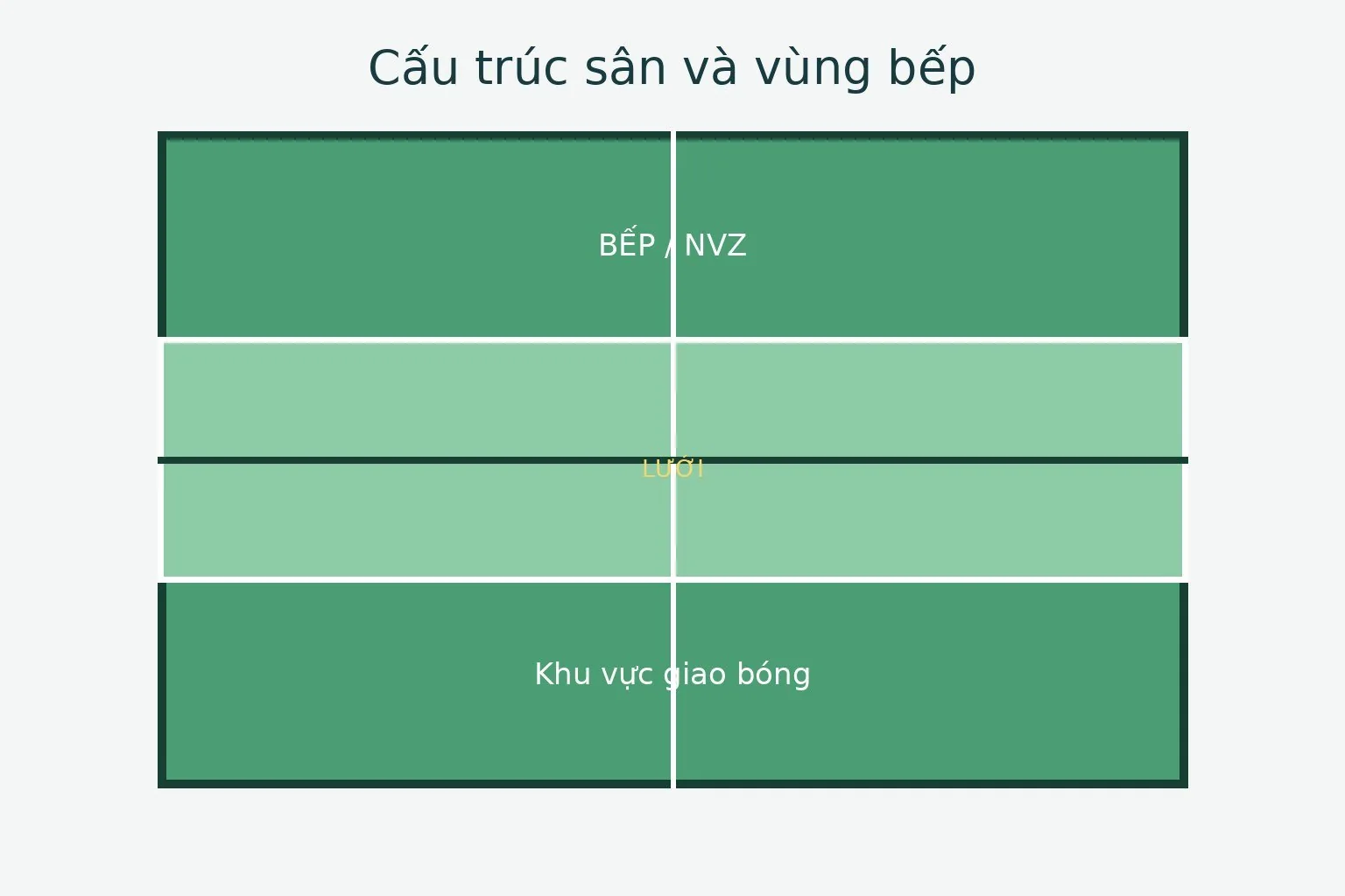Sơ đồ sân pickleball với lưới, đường giữa và vùng bếp song song