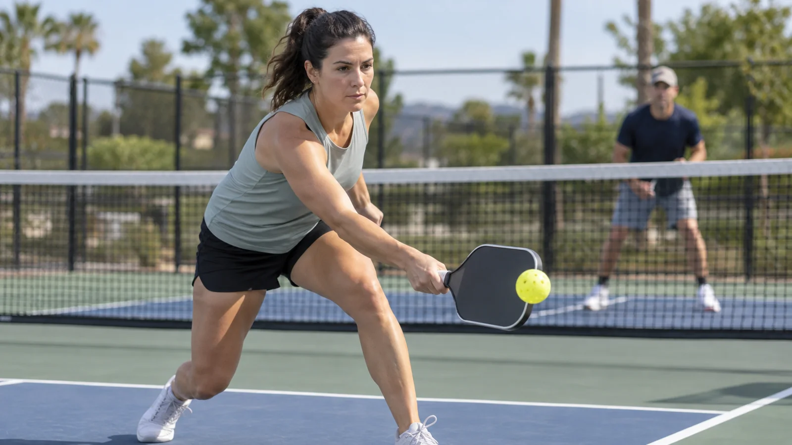 Jugador de pickleball ejecutando un reset bajo en la zona de transición