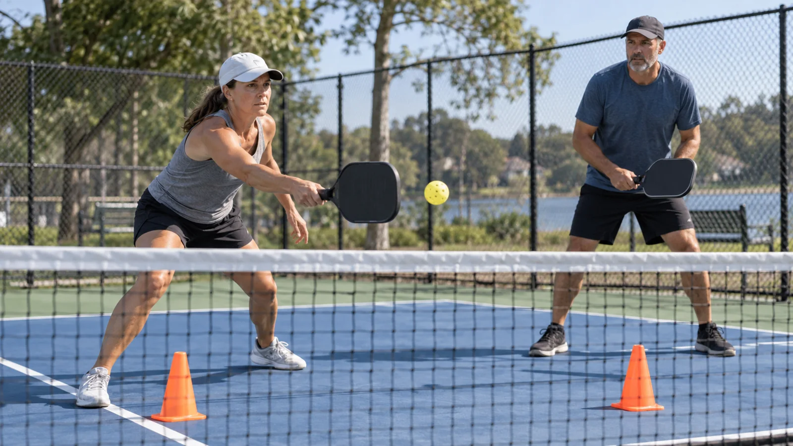 Pareja entrenando resets con zonas marcadas en una pista de pickleball