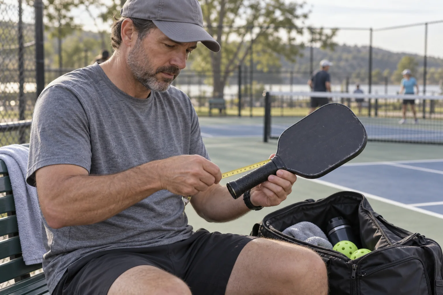 Jogadora medindo o cabo de uma raquete ao lado de uma bolsa esportiva