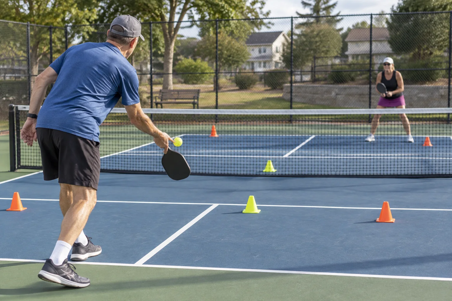 Pareja entrenando saques con zonas objetivo marcadas en una pista