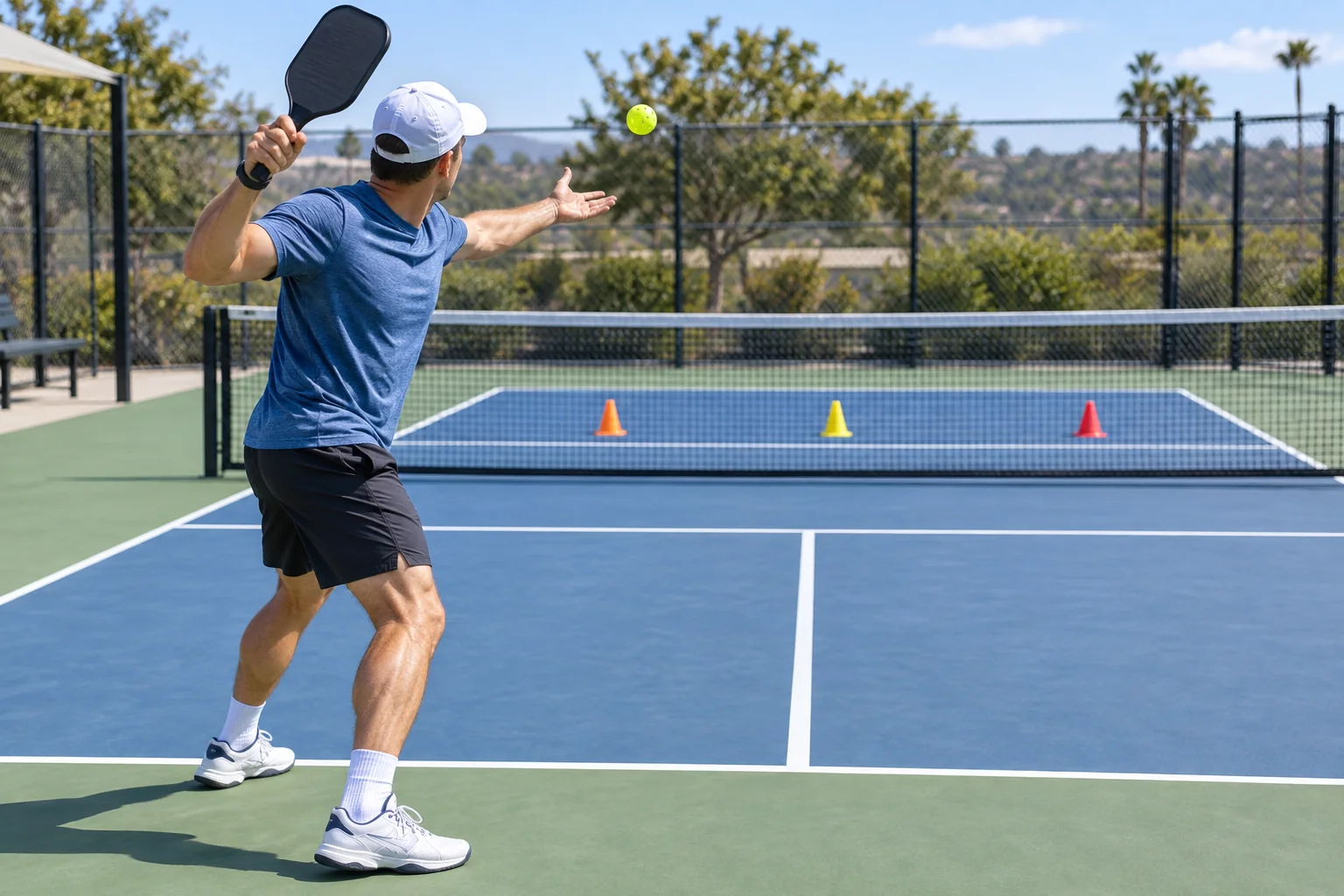Pickleball player practicing grip and ready-position drills