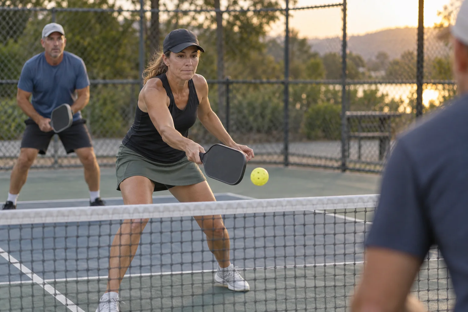Pickleball reset shot from the transition zone toward the kitchen
