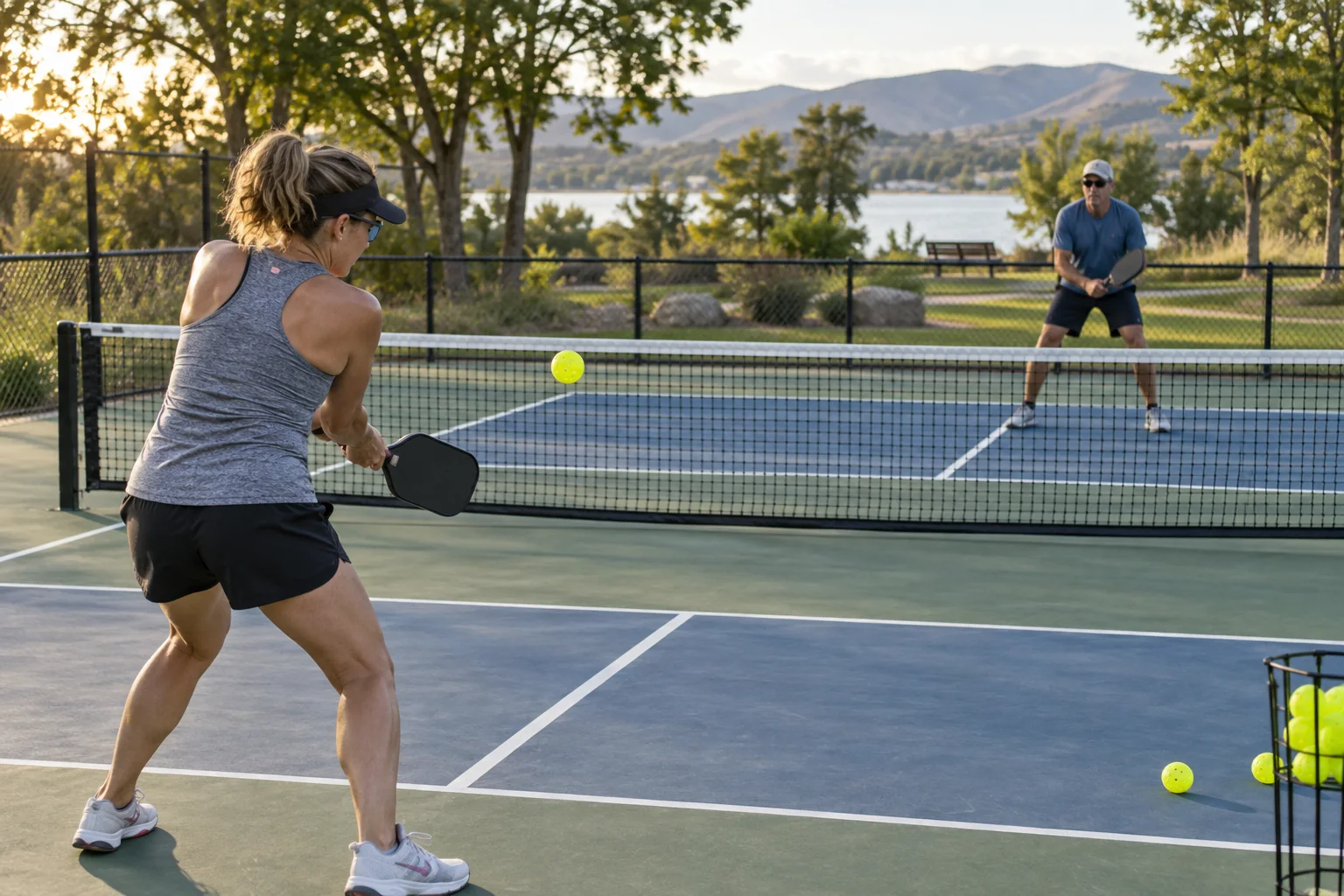 Pareja practicando un ejercicio de consistencia de revés en pickleball
