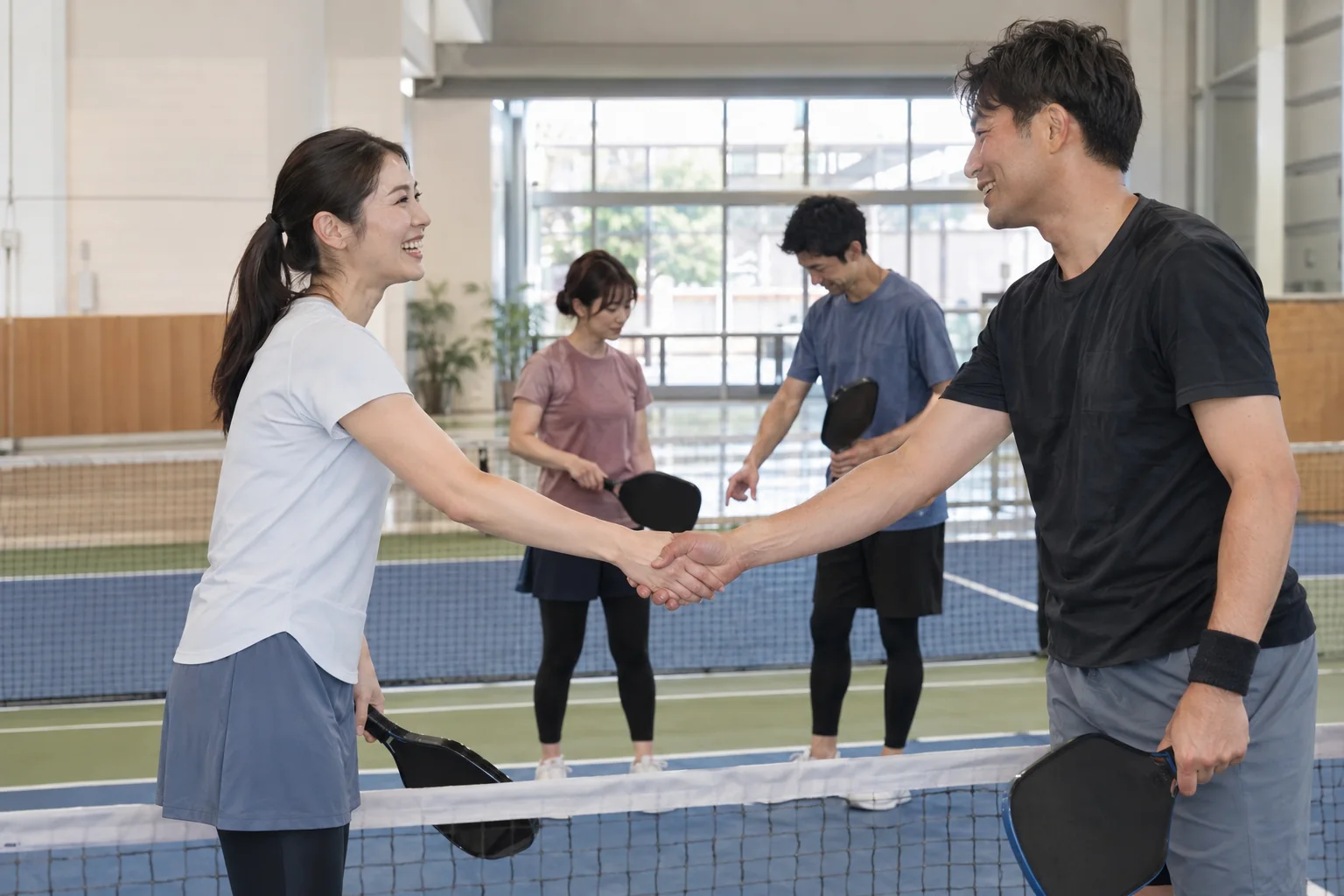 オープンプレーで握手し判定とスコアを確認する選手