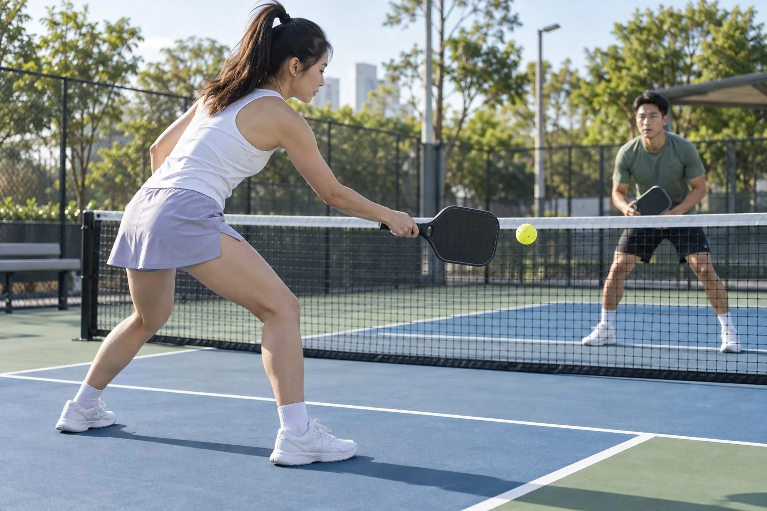 Người chơi pickleball tập bước tách chân và dink nhẹ gần vạch bếp