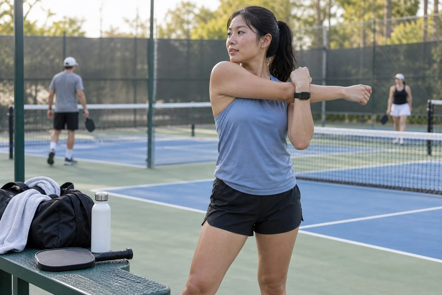 Người chơi pickleball kéo giãn bắp chân và vai cạnh sân