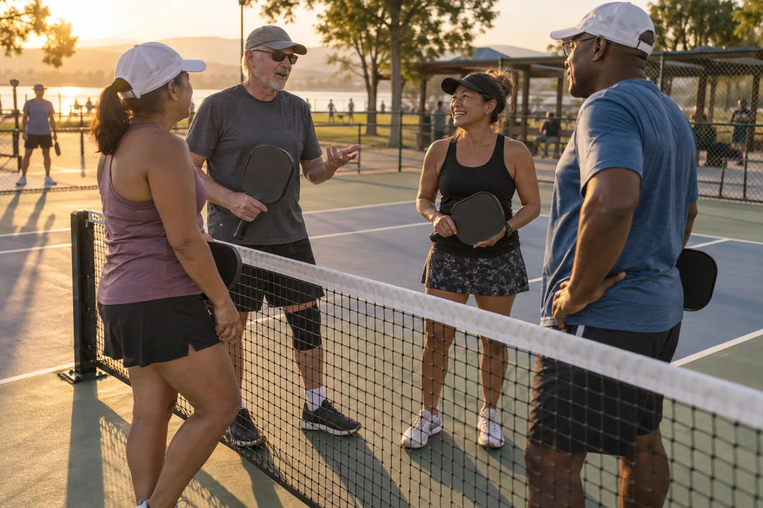 A friendly mixed-level pickleball group discussing court rotation beside the net
