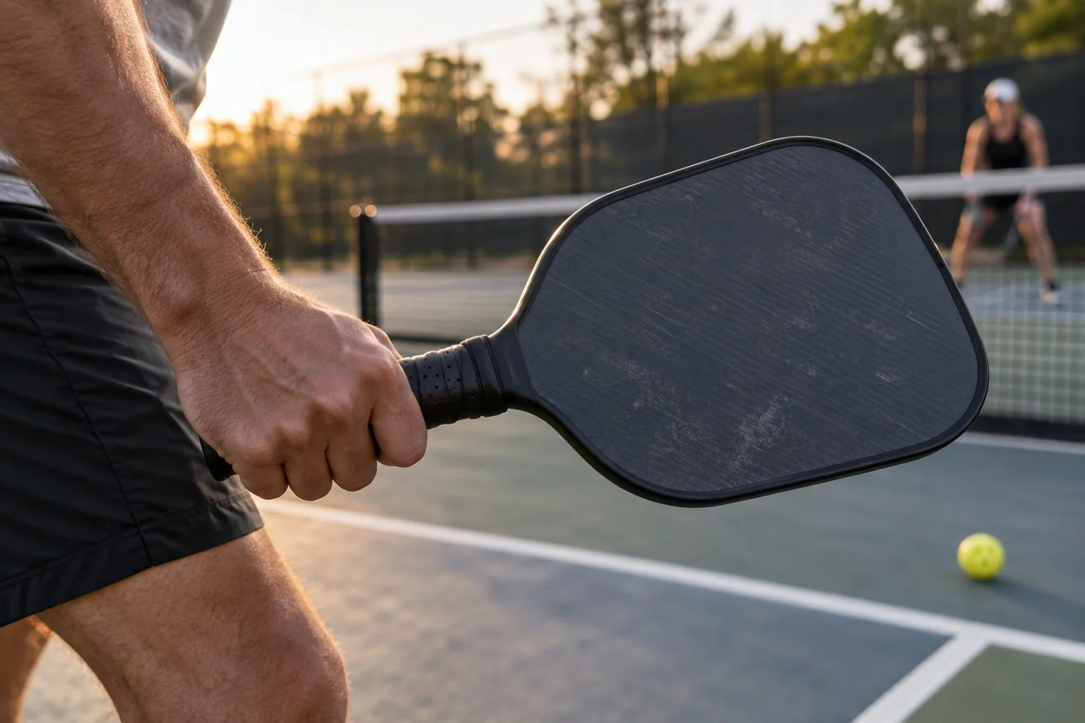 Close-up of a beginner pickleball paddle showing its grip and broad hitting face