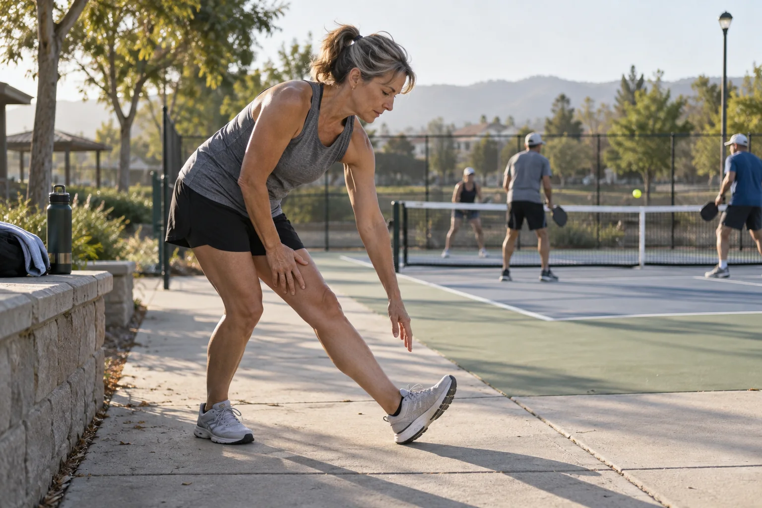 Jugador de pickleball calentando pantorrillas antes de un partido