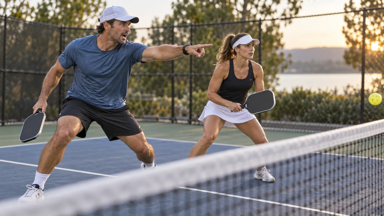 Dupla de pickleball avançando junta e cobrindo o meio na linha da cozinha