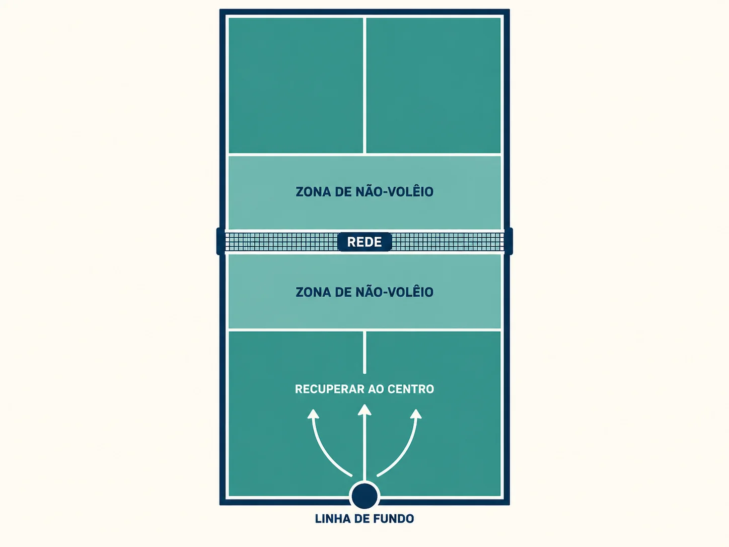 Diagrama de quadra de pickleball simples com recuperação ao centro