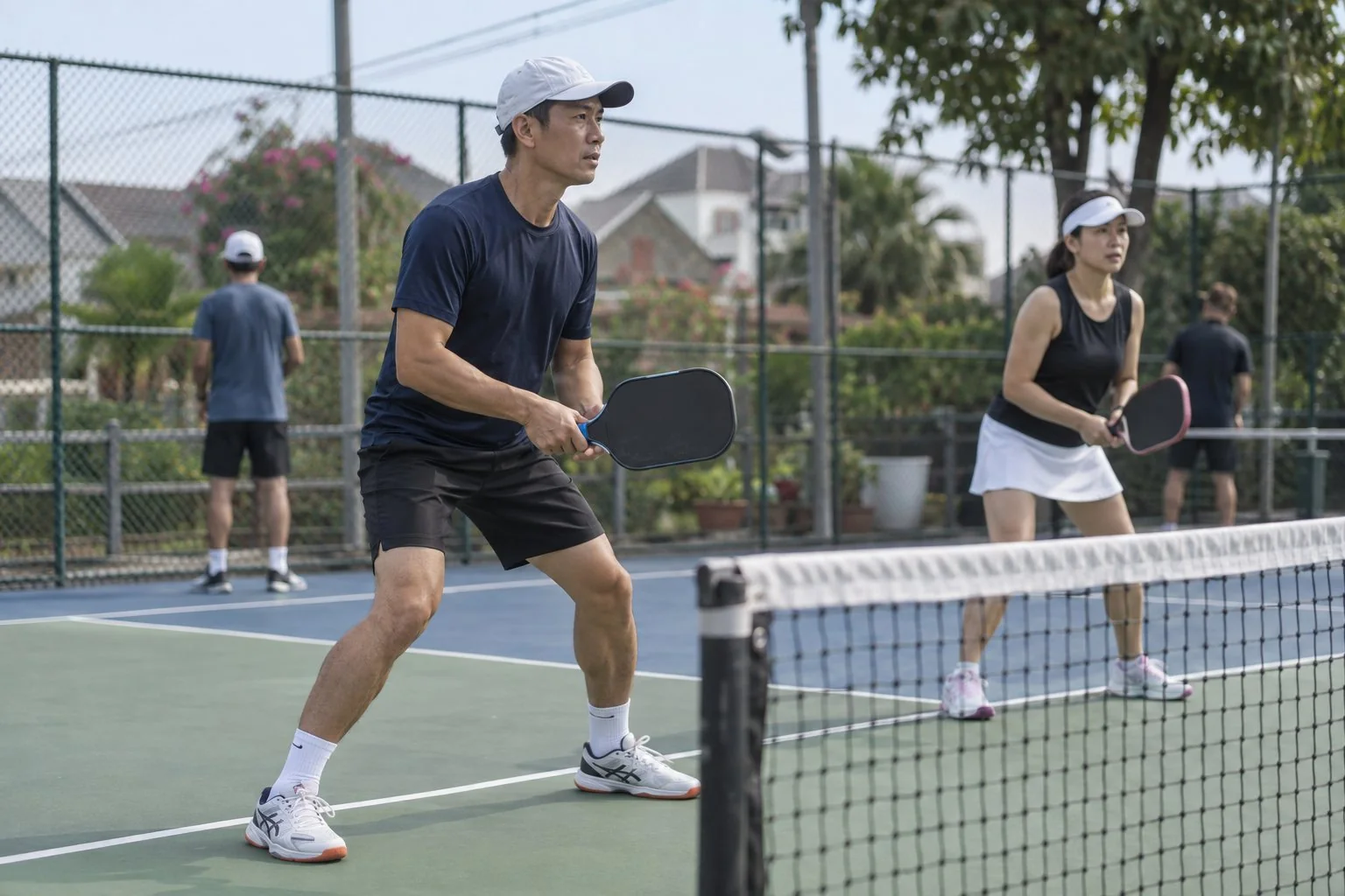 Người chơi pickleball thực hiện bước tách chân ở vạch bếp