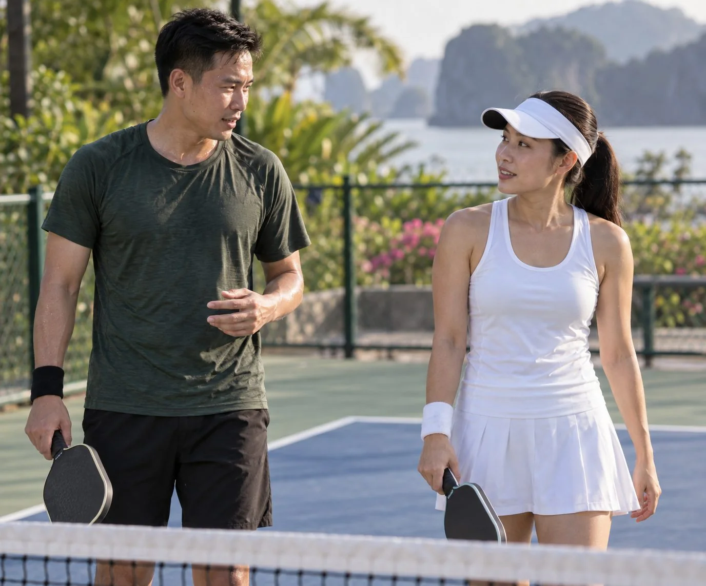 Hai người chơi pickleball bình tĩnh thiết lập lại chiến thuật giữa các điểm